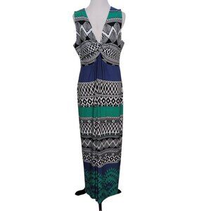 Chicos 2 Katrina Abstract Tribal Jersey Maxi Dress Womens Size Large Blue V Neck